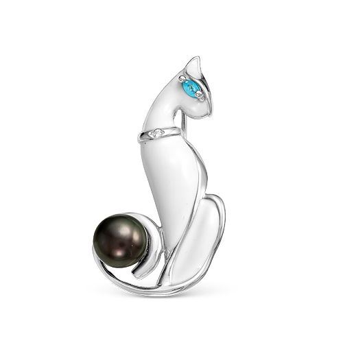Брошь серебряная "Белая кошка" с родированием