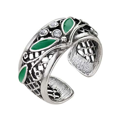 Кольцо с зеленым и бесцветным ювелирным стеклом с серебрением и оксидированием