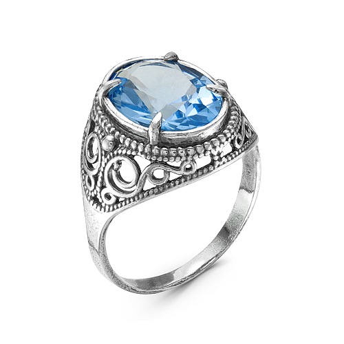 Кольцо с голубым ювелирным стеклом,с серебрением и оксидированием