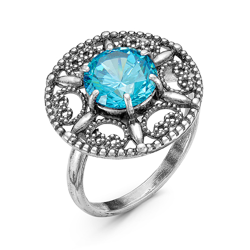 Кольцо с голубым фианитом,серебрением и оксидированием