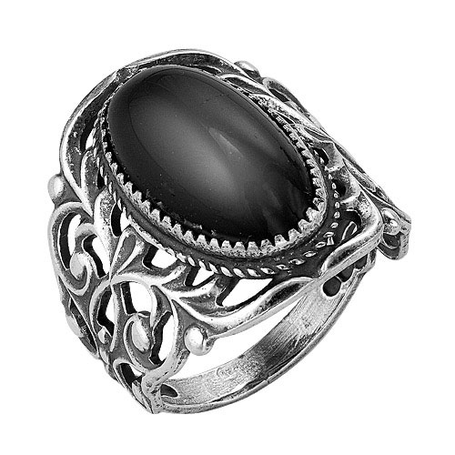 Кольцо с ювелирным стеклом под агат, с серебрением и оксидированием