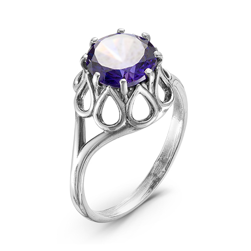 Кольцо с фиолетовым фианитом, серебрением и оксидированием