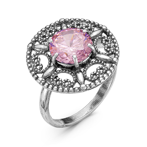 Кольцо с розовым фианитом, серебрением и оксидированием