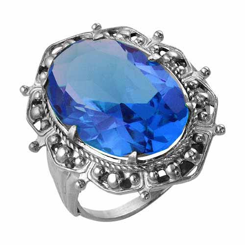 Кольцо с серебрением  и синим ювелирным стеклом